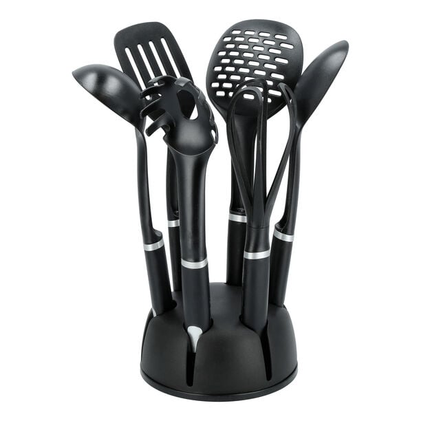 6 Piece Utensils Set With Stand Black Silver image number 0