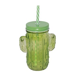 Glass Jar 450Ml With Straw Cactus Shape Colored Body