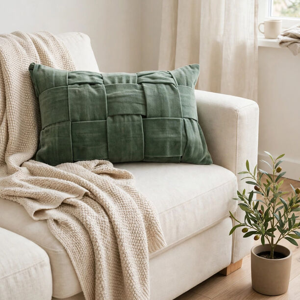 Homez Green Panelled Rectangular Cushion Cover, 30*45Cm image number 1
