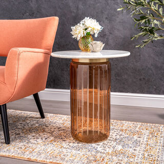 Side Table Brown Glass Base Marble Top 48 *56 cm