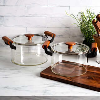 Alberto Borosilicate Glass Casserole With Lid And Wooden Handle V: 7200Ml