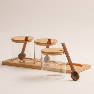 3Pcs glass storage jar set with bamboo lid and spoon and rack