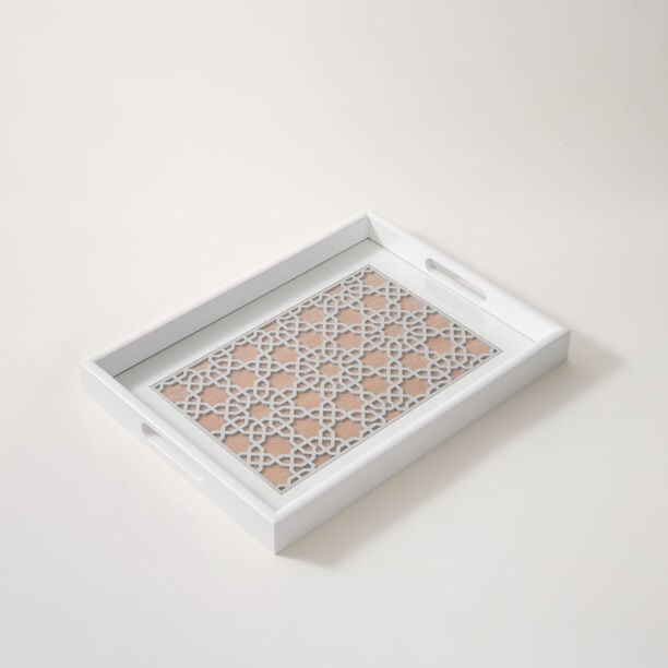 Dallaty White Wooden 2Pcs Tray Set, Large And Small, Brown Patterned image number 1