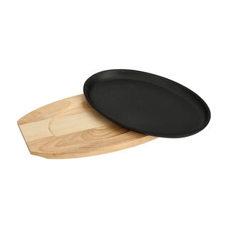 Cast Iron Oval Pan with Wood Base 28*18.5*2.5Cm