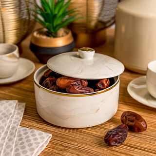 La Mesa beige marble date bowl with lid 13*9 cm