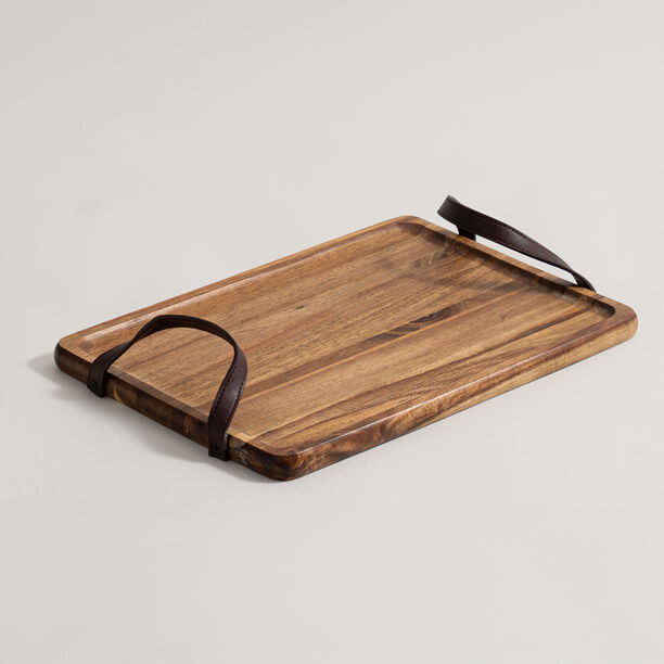 Dallaty rectangular acacia wood serving tray with leather Handles 35*25*1.8cm, brown image number 0
