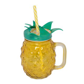 Glass Jar 450Ml With Straw Pineapple Shape Colored Body