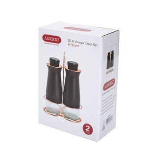Alberto 2 Pieces Glass Oil And Vinegar Cruet Set Withstand Black & Rose Gold 