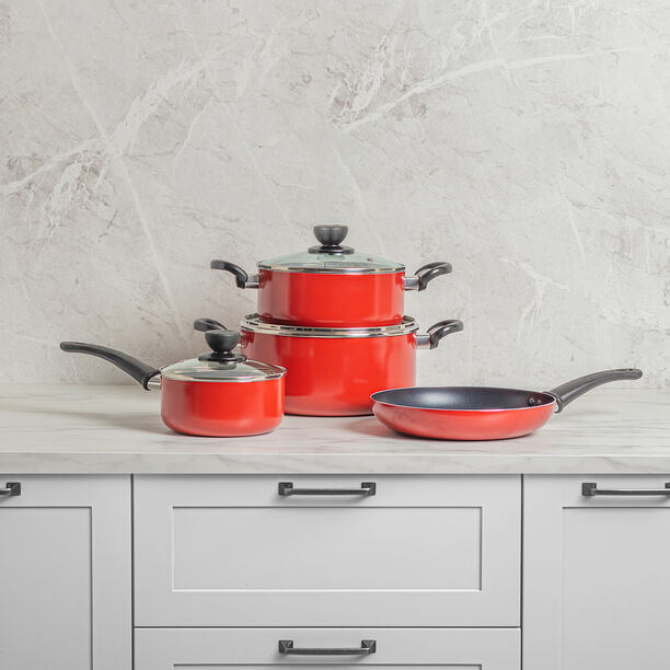 Cookware Non Stick Set 7 Pieces With Glass Lid Red image number 0