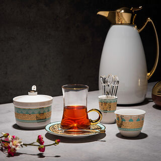 Dallaty white with fayrouz and gold prints Tea and coffee cups set 28 pcs
