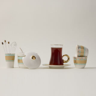Dallaty white with fayrouz and gold prints Tea and coffee cups set 28 pcs