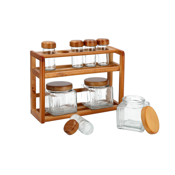 8 Pcs Glass Spice Jars With Wood Rack image number 3