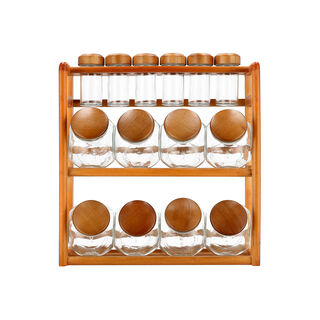 12 Pcs Glass Spice Jar With Wooden Rack