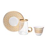 18 Pieces Tea Metalic Plate And Arabic Glass Kawa Set With Golden Glass Handle image number 1