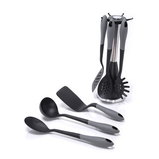 Alberto 6 Piece Cooking Utensils With Rotating Stand Black Gray Color