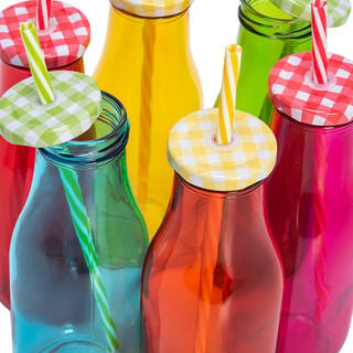 Alberto 6 Pcs Glass Milk Bottles W/ Metal Lid & Straw Asst Colors