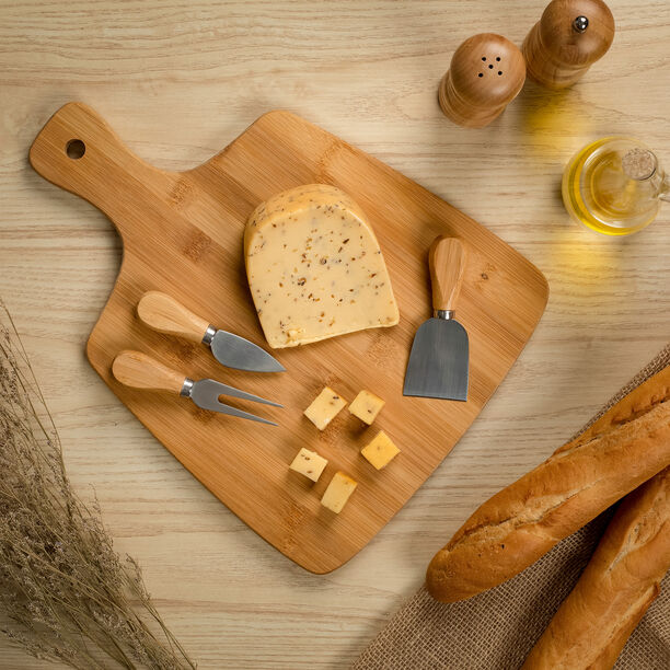 Bamboo Cutting Board With Handle And 3 Cheese Knives image number 0