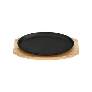 Cast Iron Oval Pan with Wood Base 28*18.5*2.5Cm
