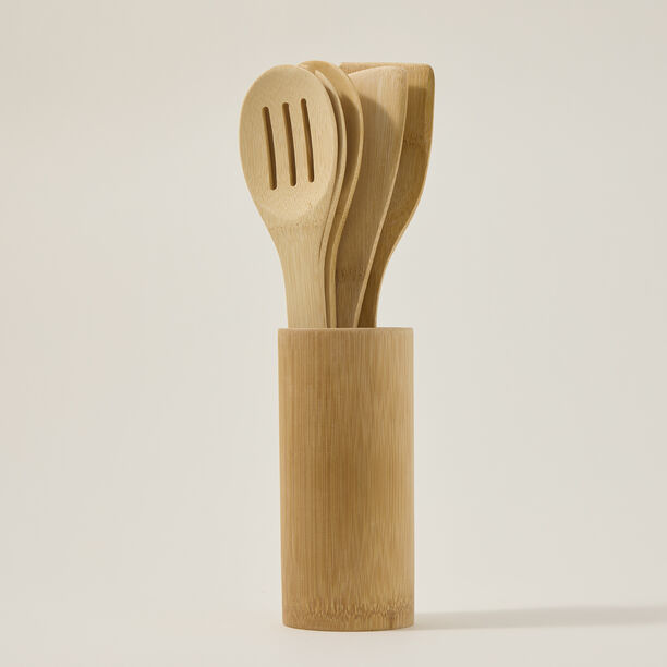 Bamboo Utensils 5 Pcs Set Inside Holder image number 1