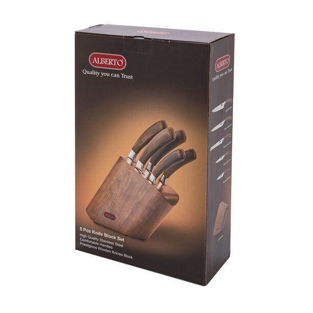 Alberto Rubber Wood Knife Block With 5 Wood Knives Set image number 2