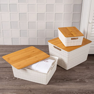 Plastic Storage Basket With Bamboo Lid 12L