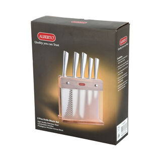 Alberto Rubber Wood Knife Block With5 Stanless Steel Knives Set