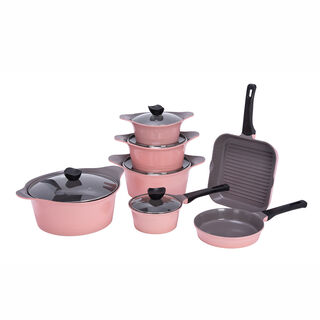 Alberto Tulip 12 Pieces Cast Aluminium Cookware Set With Glass Lids Pink