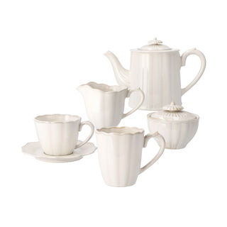 England Collection W/Reactive Glaze White 1set:1000cc Teapot 1pc:200cc Creamer 1set: 280cc Sugar Pot 4sets: 200cc Cup