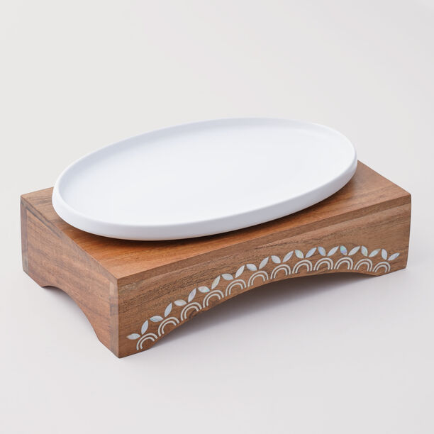 Pearl Collection La Mesa Porcelain Serving Platter Wood Serving Base image number 2