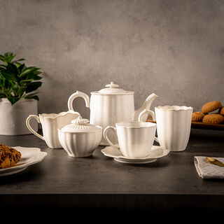 England Collection W/Reactive Glaze White 1set:1000cc Teapot 1pc:200cc Creamer 1set: 280cc Sugar Pot 4sets: 200cc Cup