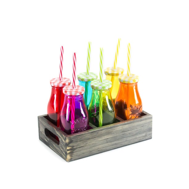 6Pcs Glass Milk Bottles With Metal Lid And Plastic Straw Assorted Colors image number 1