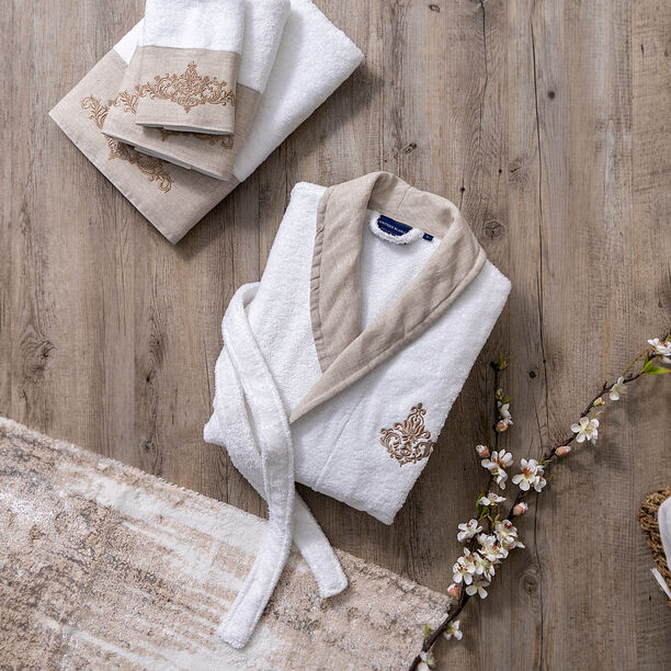 Embroidered Shawl Collar Bathrobe With Linen Cuff White L image number 0