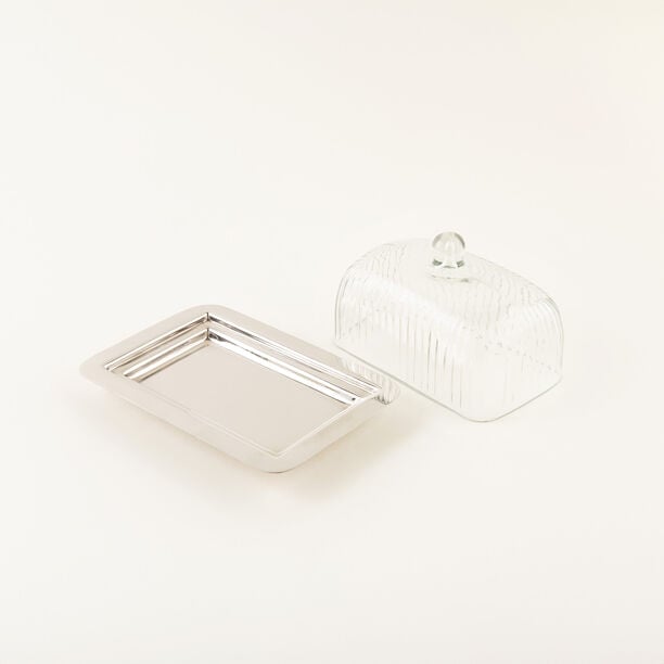 La Mesa Glass Butter Dish With Stainless Steel Base, Silver, 18*12*10Cm image number 5