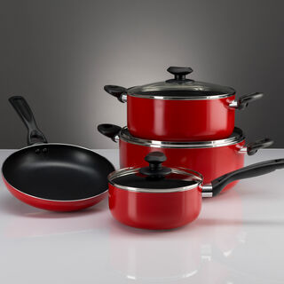 Betty Crocker Non Stick Cookware Set 7 Pieces With Glass Lid Red Color