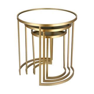 3 Pcs Metal Round Side Table Mirror Top Gold 