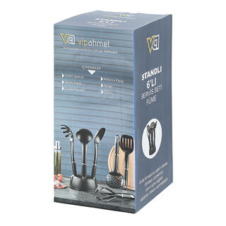 6 Piece Utensils Set With Stand Black Silver