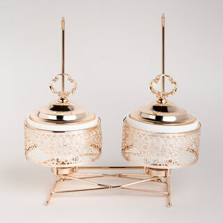2 pieces Round Food Warmer Set With Candle Stand Gold 12 cm