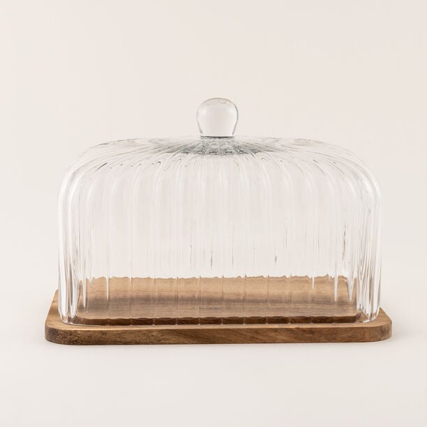 La Mesa glass cake stand with wooden base 21.5*32.5*22.5cm image number 0