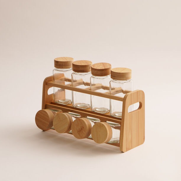 8Pcs glass spice jar and bamboo rack set with bamboo lid image number 0
