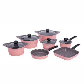 Alberto Tulip 12 Pieces Cast Aluminium Cookware Set With Glass Lids Pink