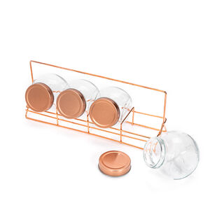 Alberto 4 Pieces Glass Spice Jars With Copper Clip Lid And Metal Stand