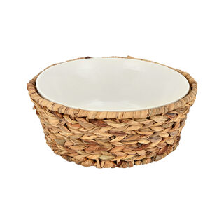 Porcelain Round Salad Bowl With Rattan Basket