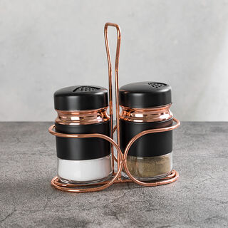 Alberto 2 Glass Spice Jars With Stand Black & Rose Gold 