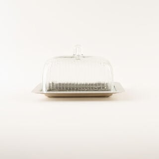 La Mesa Glass Butter Dish With Stainless Steel Base, Silver, 18*12*10Cm