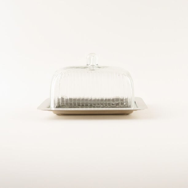 La Mesa Glass Butter Dish With Stainless Steel Base, Silver, 18*12*10Cm image number 0
