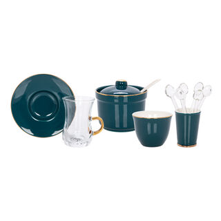 Zukhroof 28 Pieces Porcelain Tea And Coffee Set Solid Dark Green Serve 6