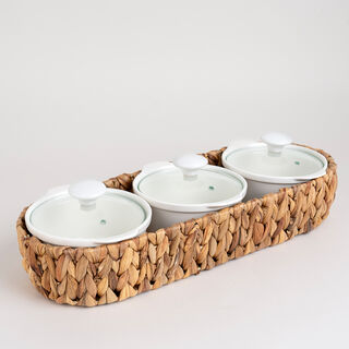 Porcelain 3Pcs Round Casseroles With Lid And Rattan Basket