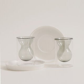 Dallaty 12 pcs double wall glass tea set with porcelain saucers, grey