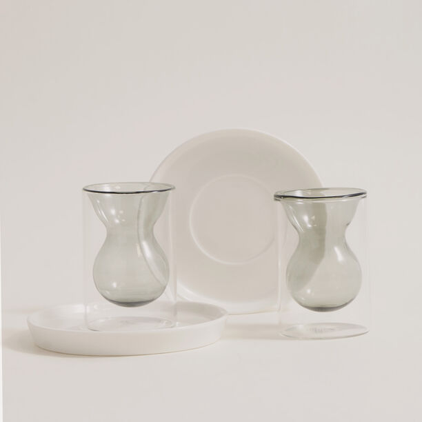 Dallaty 12 pcs double wall glass tea set with porcelain saucers, grey image number 1