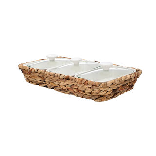 Porcelain 3Pcs Rectangular Casseroles With Lid And Rattan Basket